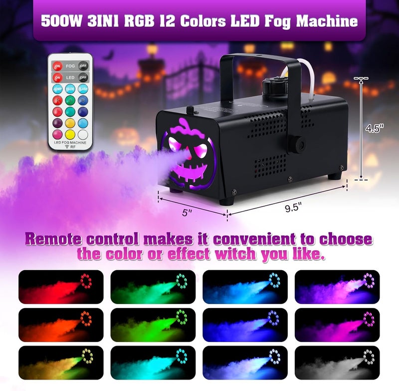 TCFUNDY 500W Fog Machine with 9 LED Lights, Fogger with 12 Color Lights Effect for Halloween Wedding DJ Party Stage, Portable Smoke Machine Outdoor with Remote Control - Image 2